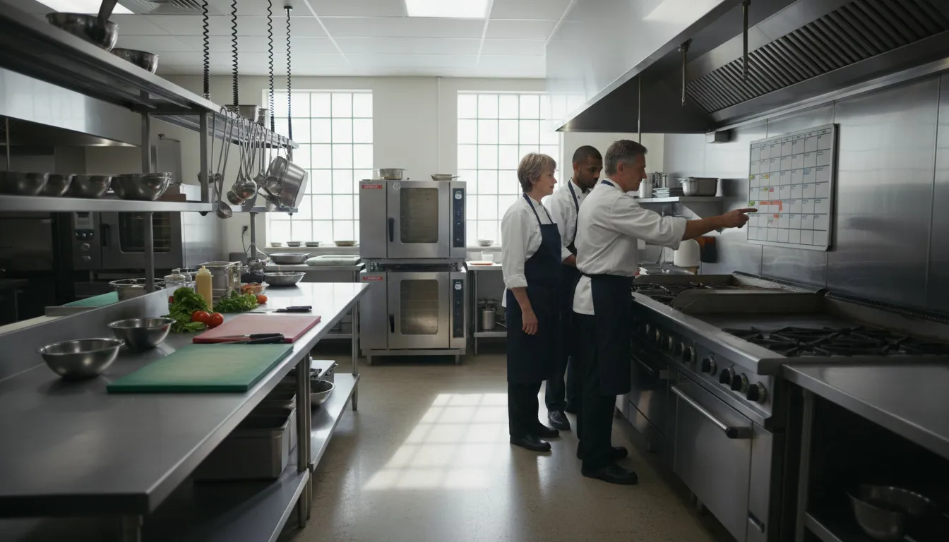 Restaurant kitchen staff reviewing shift schedule during morning prep