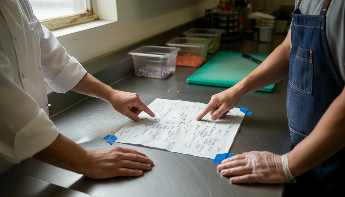 Kitchen staff reviewing printed shift schedule on prep table before service