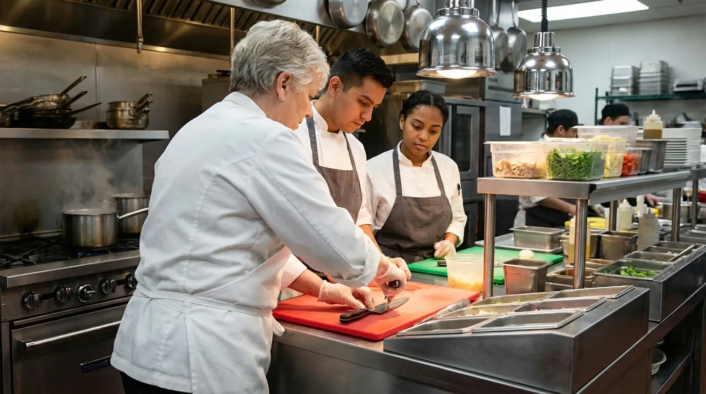 Kitchen staff receiving food handling guidance at prep station