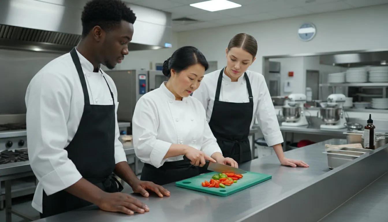 Kitchen staff training session at commercial prep station