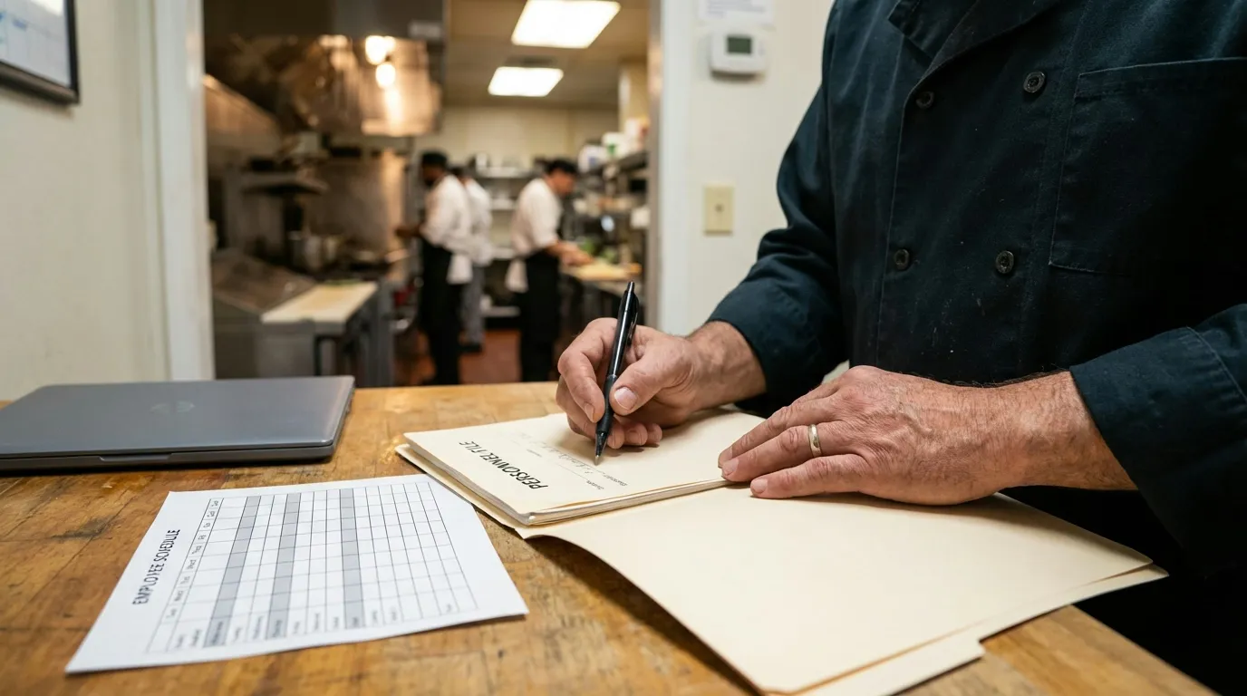Restaurant manager documenting employee conversation at back office desk