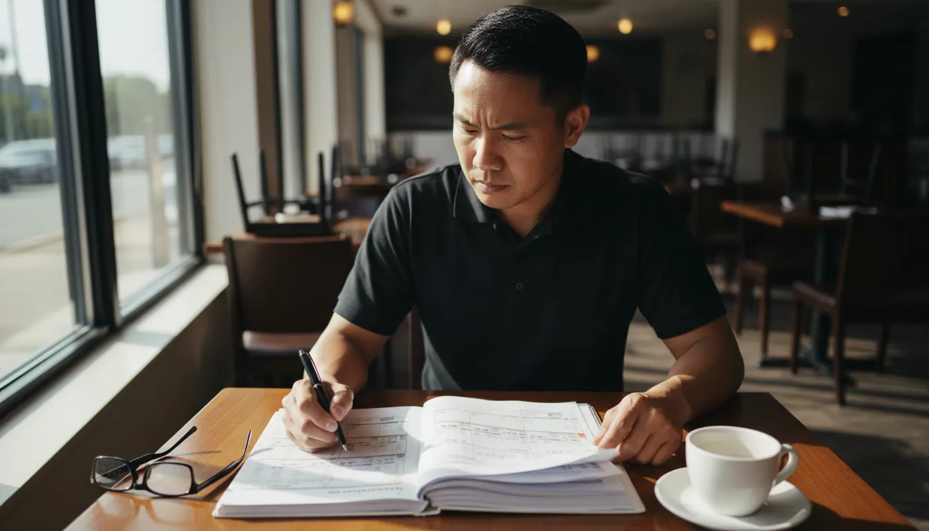 Restaurant manager reviewing settlement paperwork in empty dining room