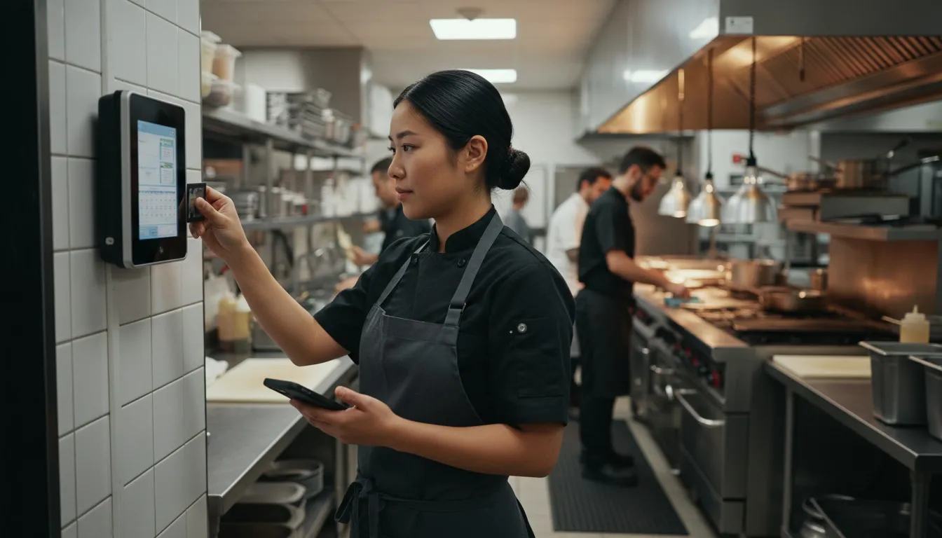 Restaurant server clocking out at time station with smartphone