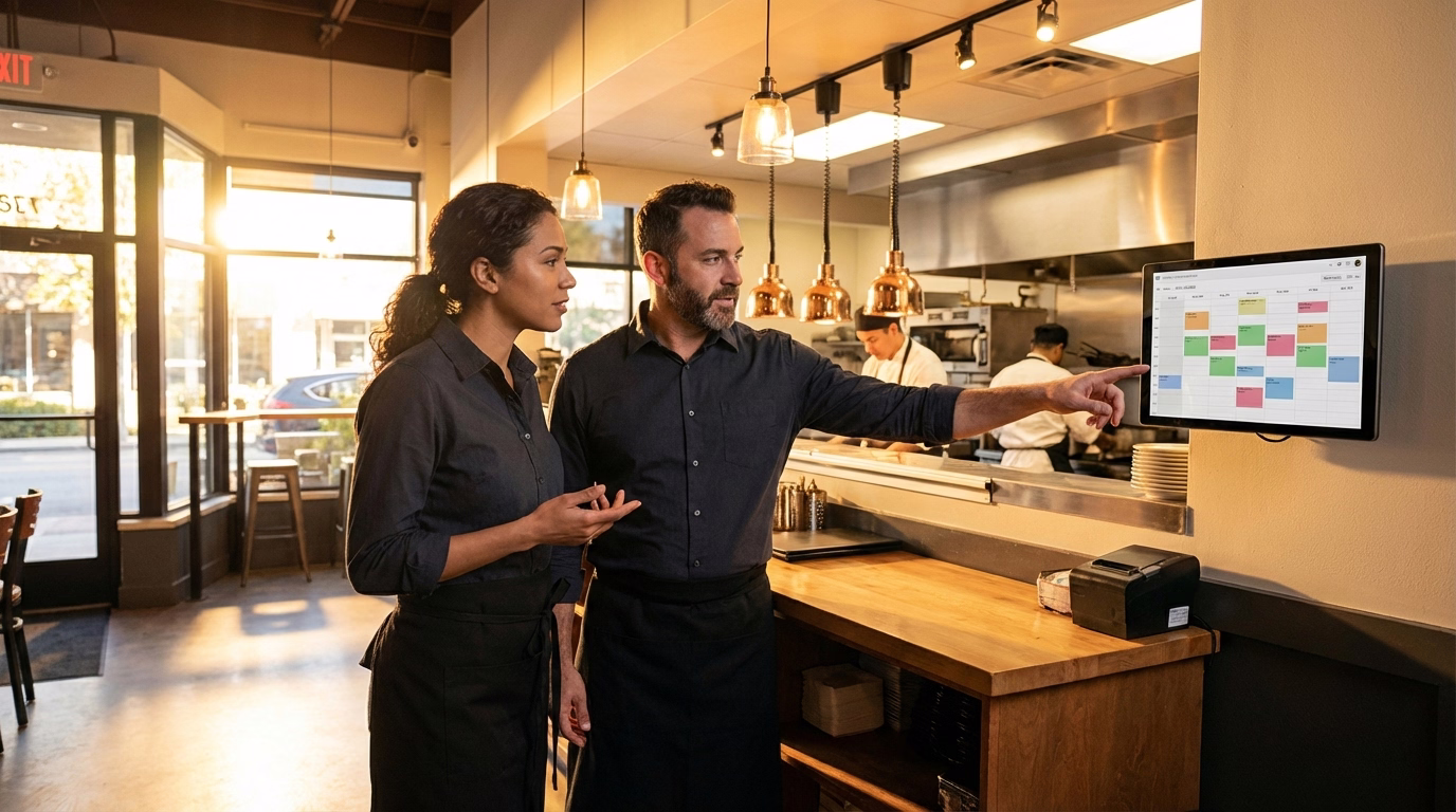 Two restaurant workers coordinating shift coverage near wall-mounted schedule display