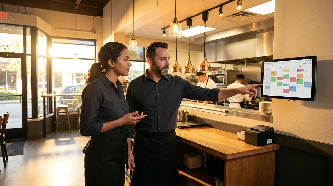 Two restaurant workers coordinating shift coverage near wall-mounted schedule display
