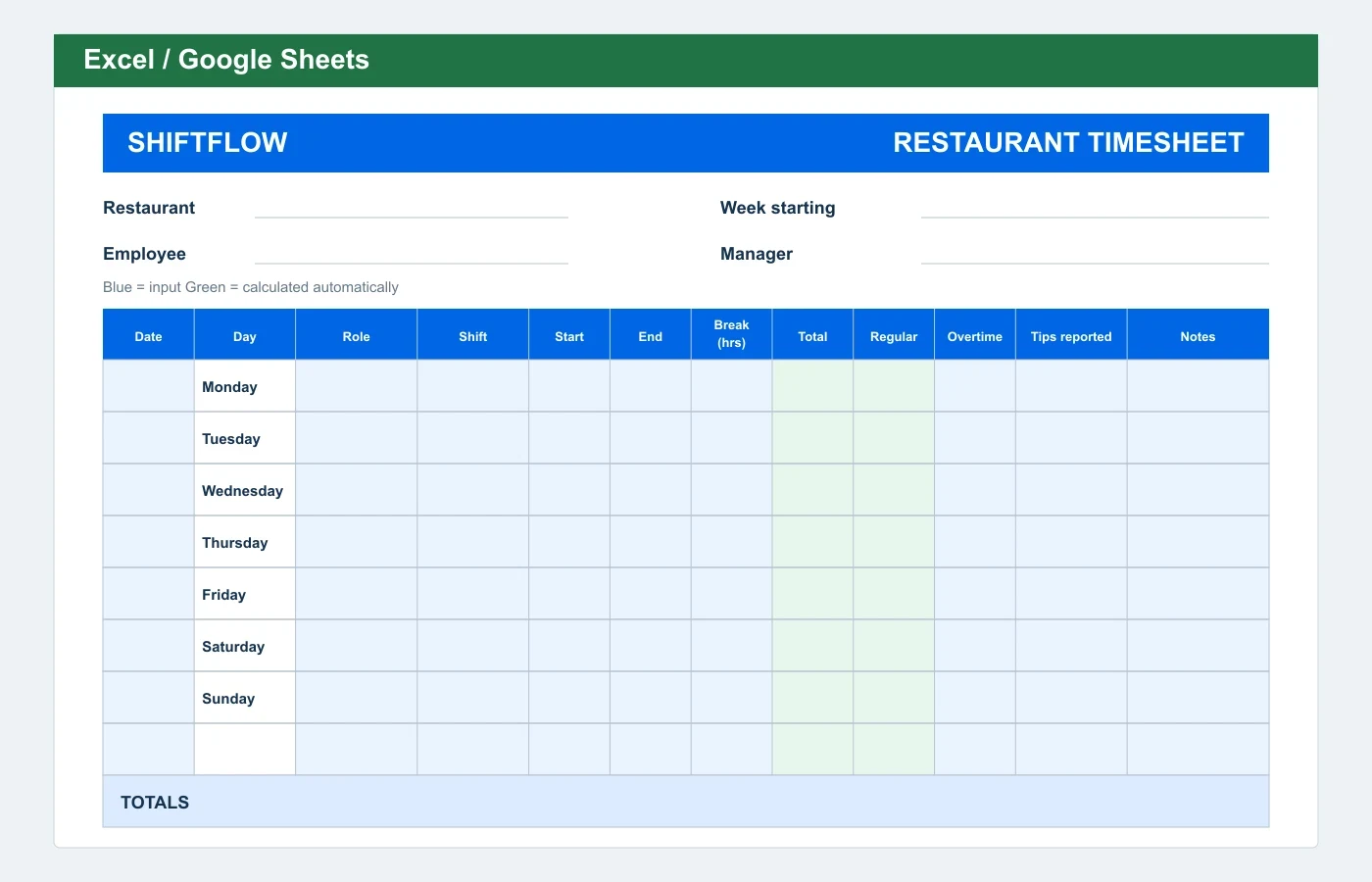 Restaurant Timesheet Excel template preview