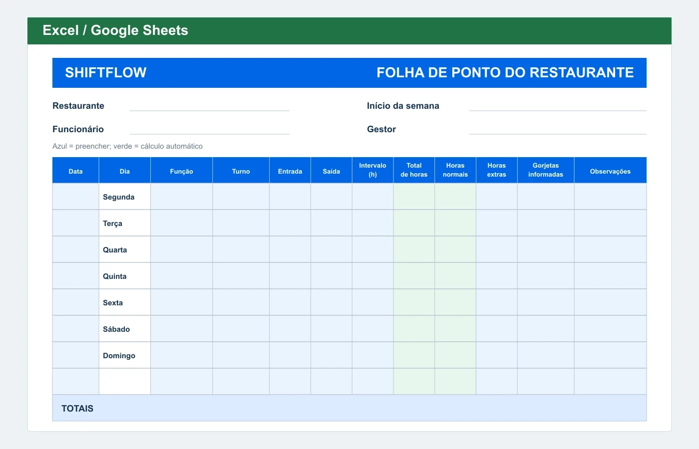 Prévia em Excel: Folha de ponto para restaurante
