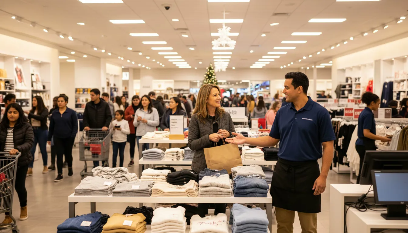 Retail associate helping customer on busy holiday shopping floor