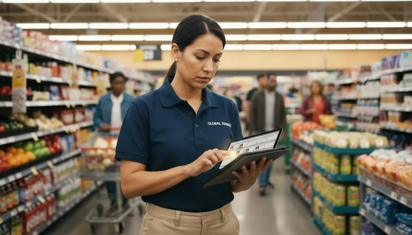 Retail manager reviewing employee directory on tablet in store aisle