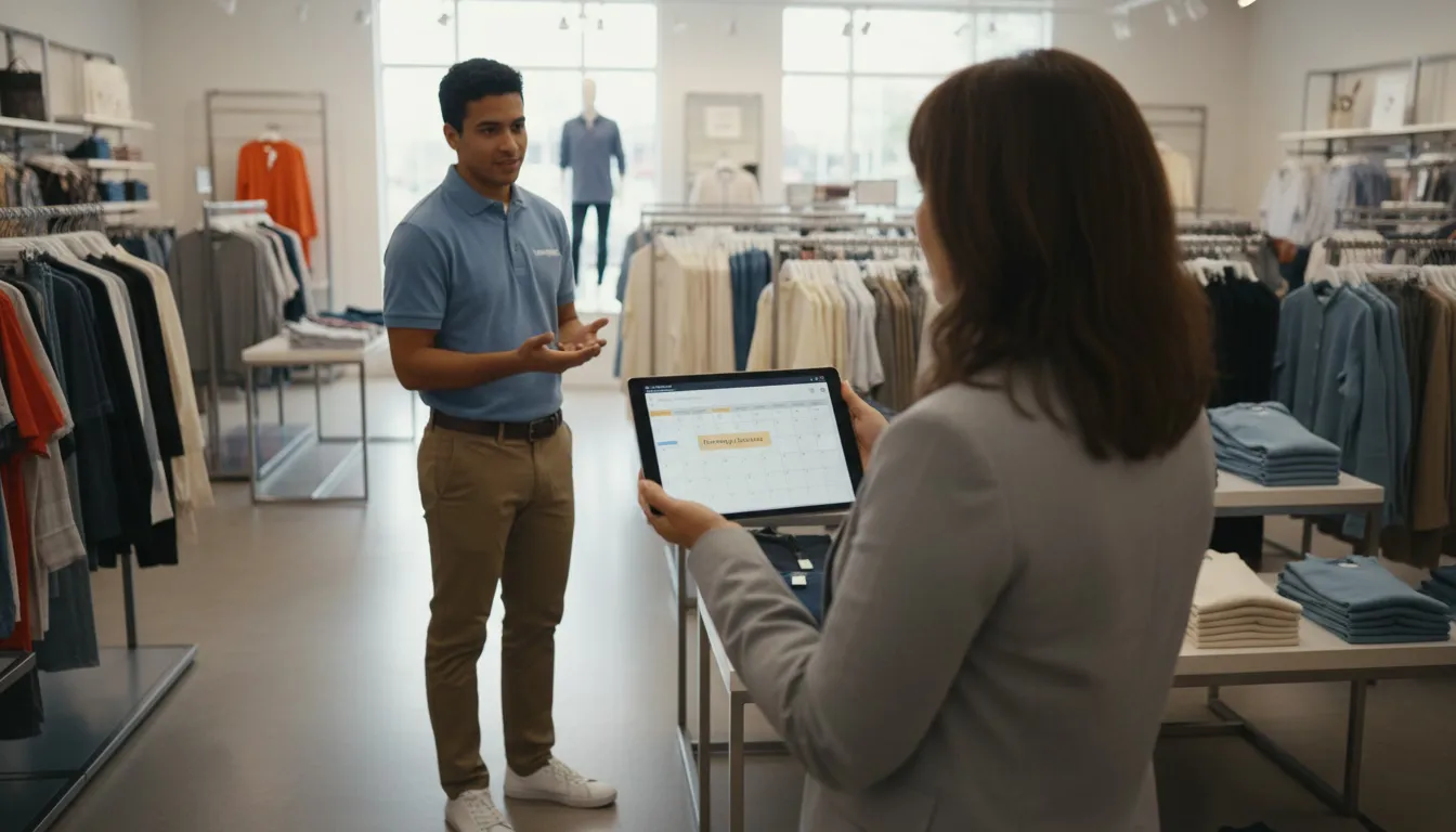 Retail manager reviewing floating holiday request with associate on tablet
