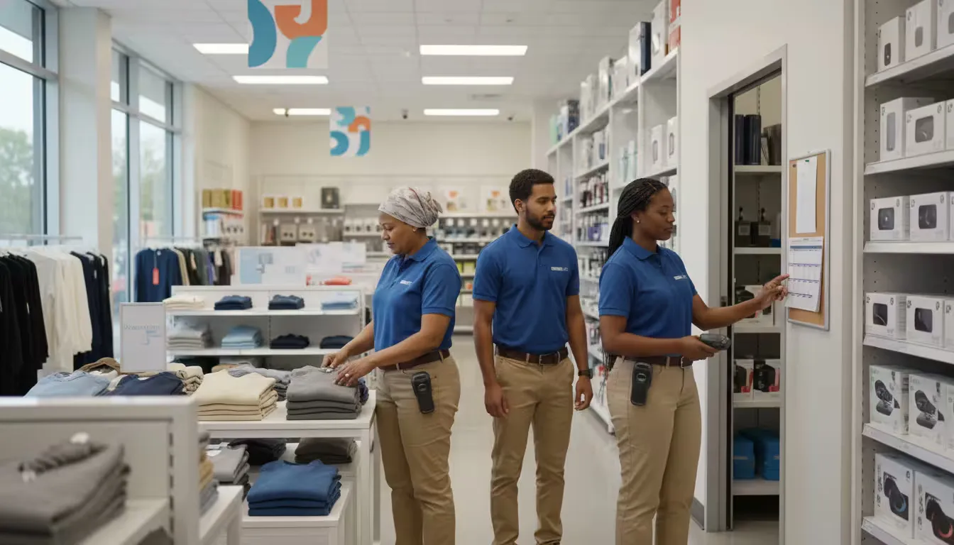 Eye-level shot of a retail sales floor before opening with a diverse team of retail associates arranging merchandise displays and checking inventory on handheld scanners.