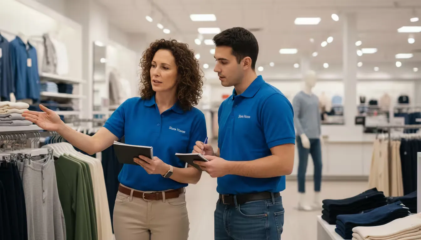 Photorealistic medium shot of two retail associates during a brief shift transition on a sales floor, captured at eye level with shallow depth of fiel