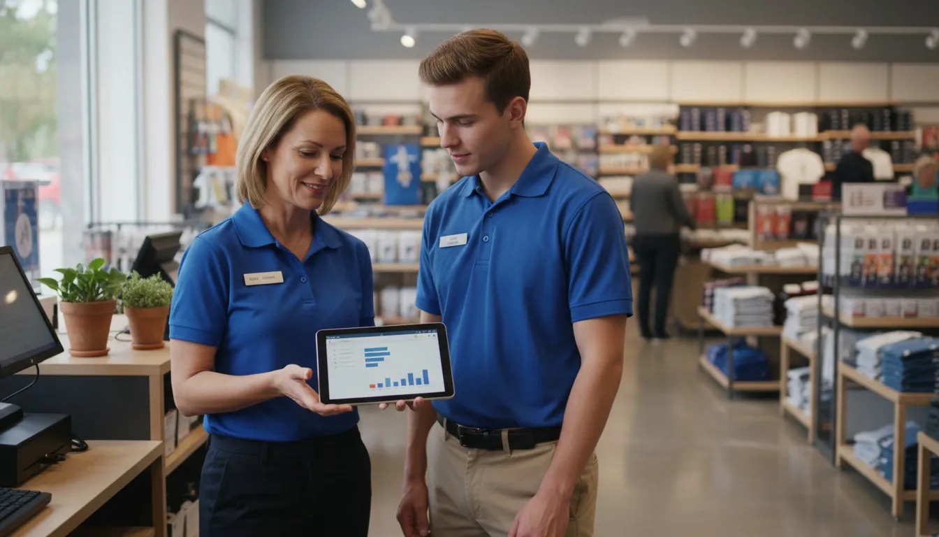Retail manager providing coaching feedback to employee at service counter