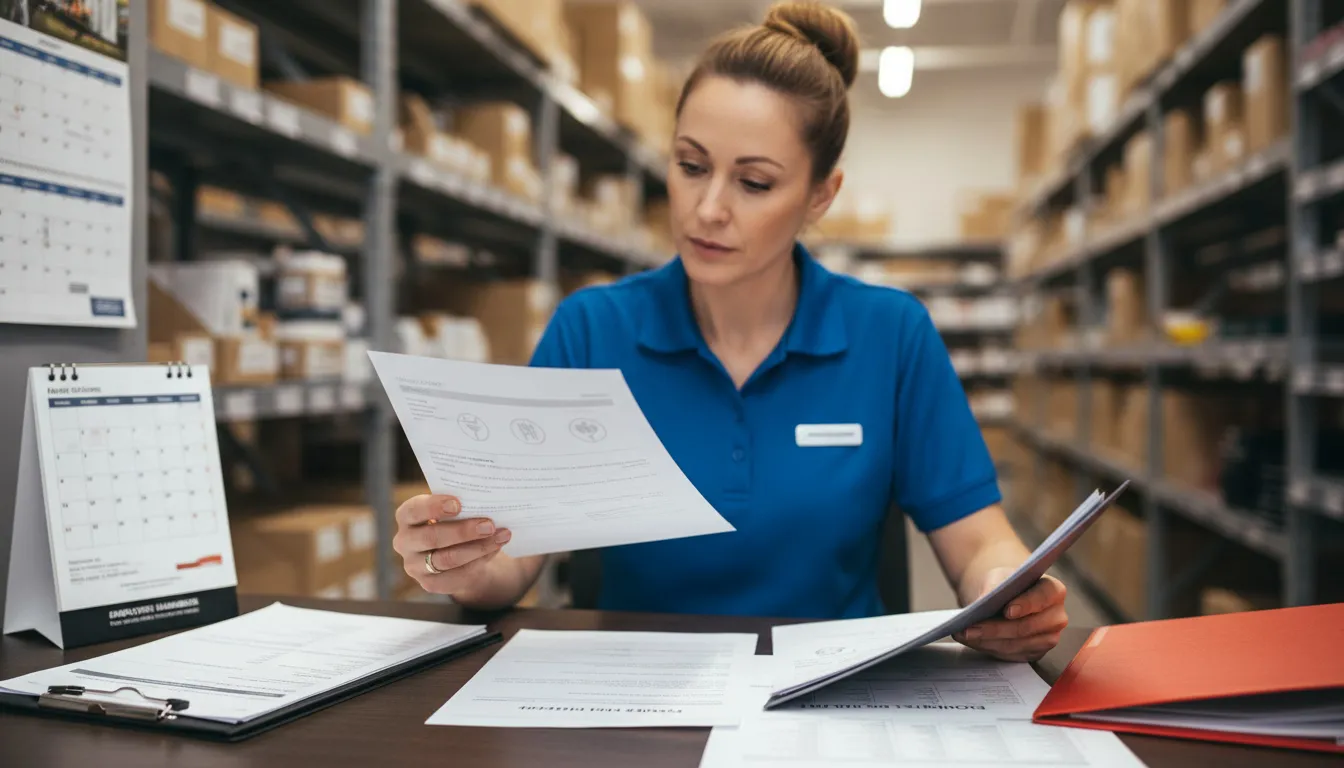 Manager reviewing medical leave documentation at retail back office