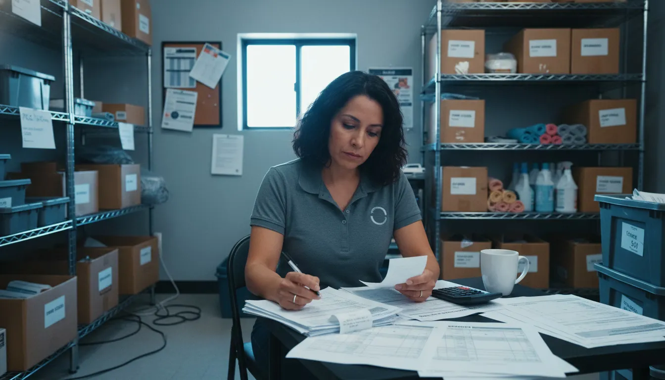 Retail manager reviewing expense reports and receipts in stockroom office