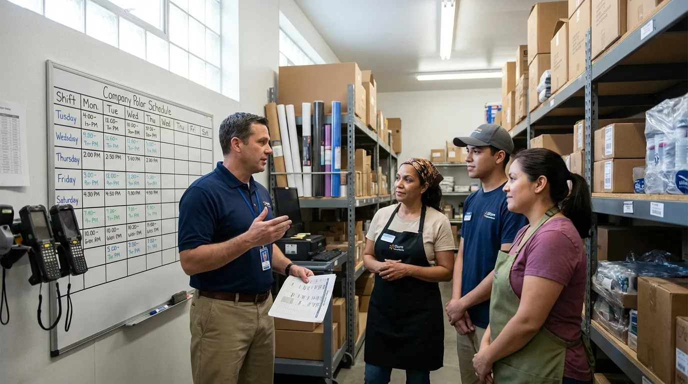 Retail manager briefing team members near stockroom schedule board
