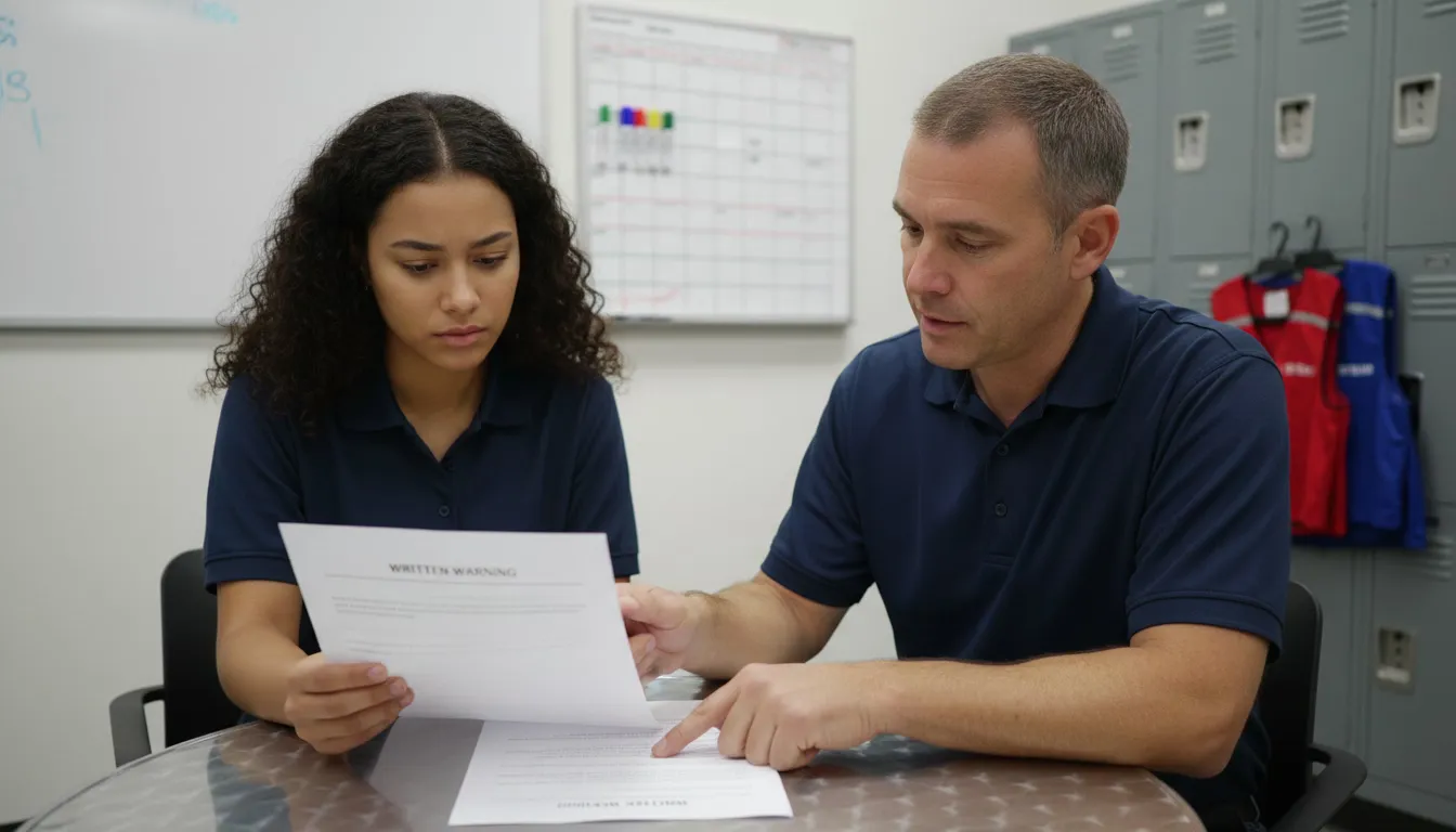 Retail manager and employee reviewing written warning document at table