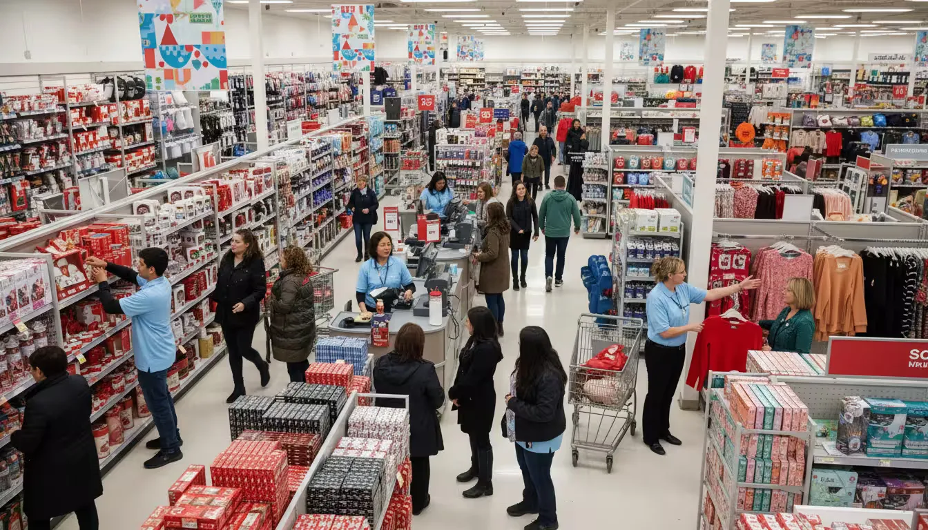 Wide shot of a busy retail sales floor during peak seasonal shopping hours, captured from an elevated angle near the ceiling looking down.