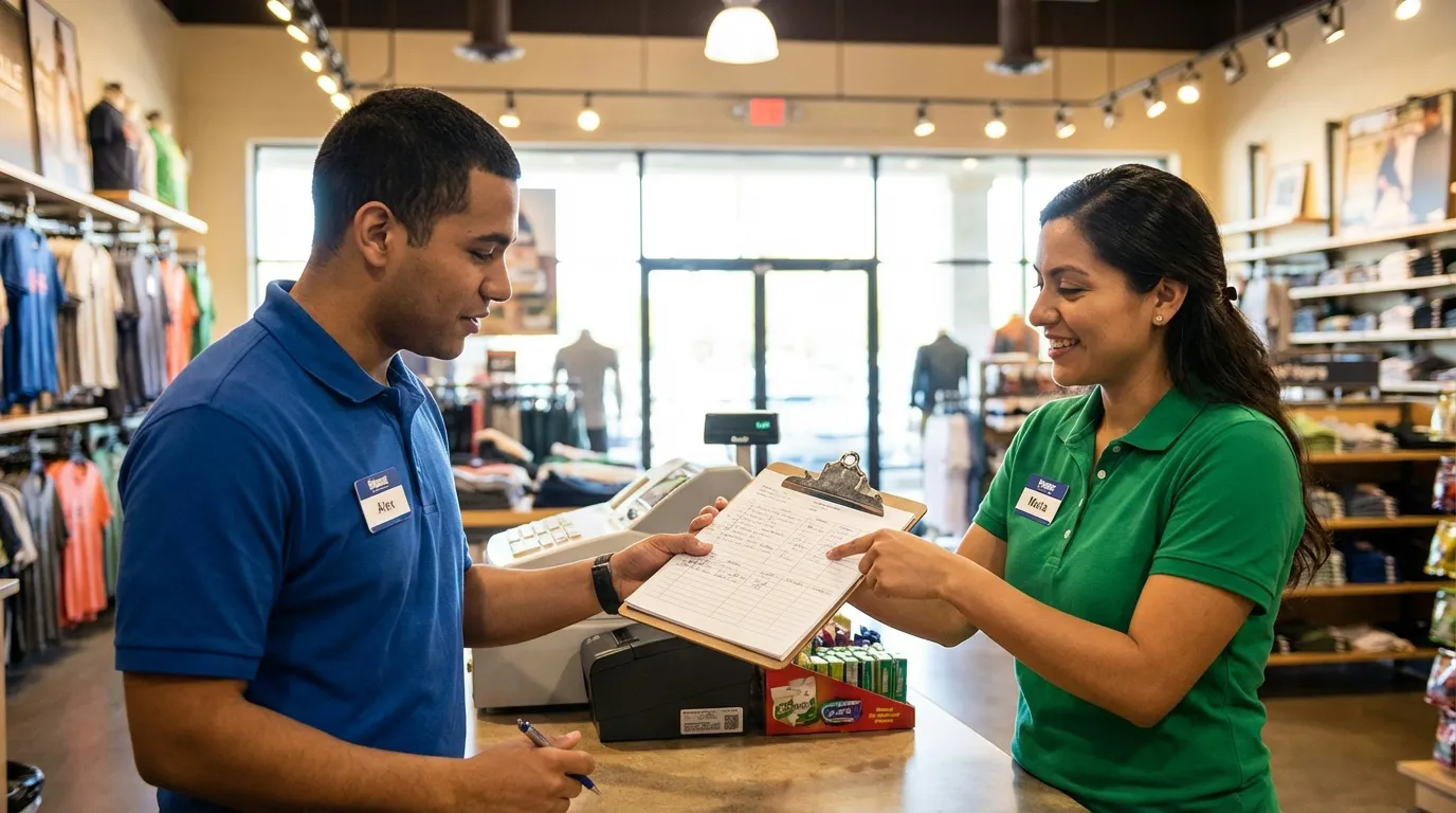 Two retail workers exchanging shift information at store counter