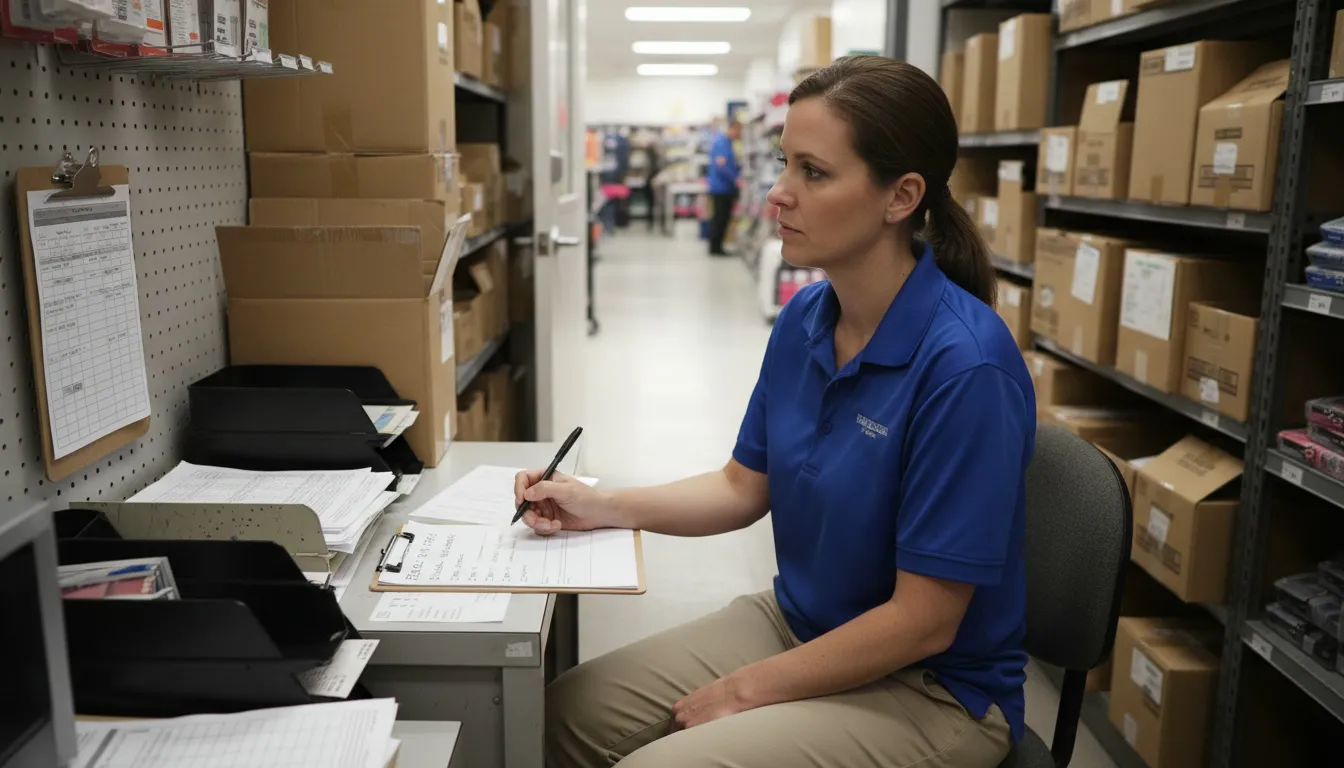 Retail supervisor reviewing employee leave request form at stockroom desk