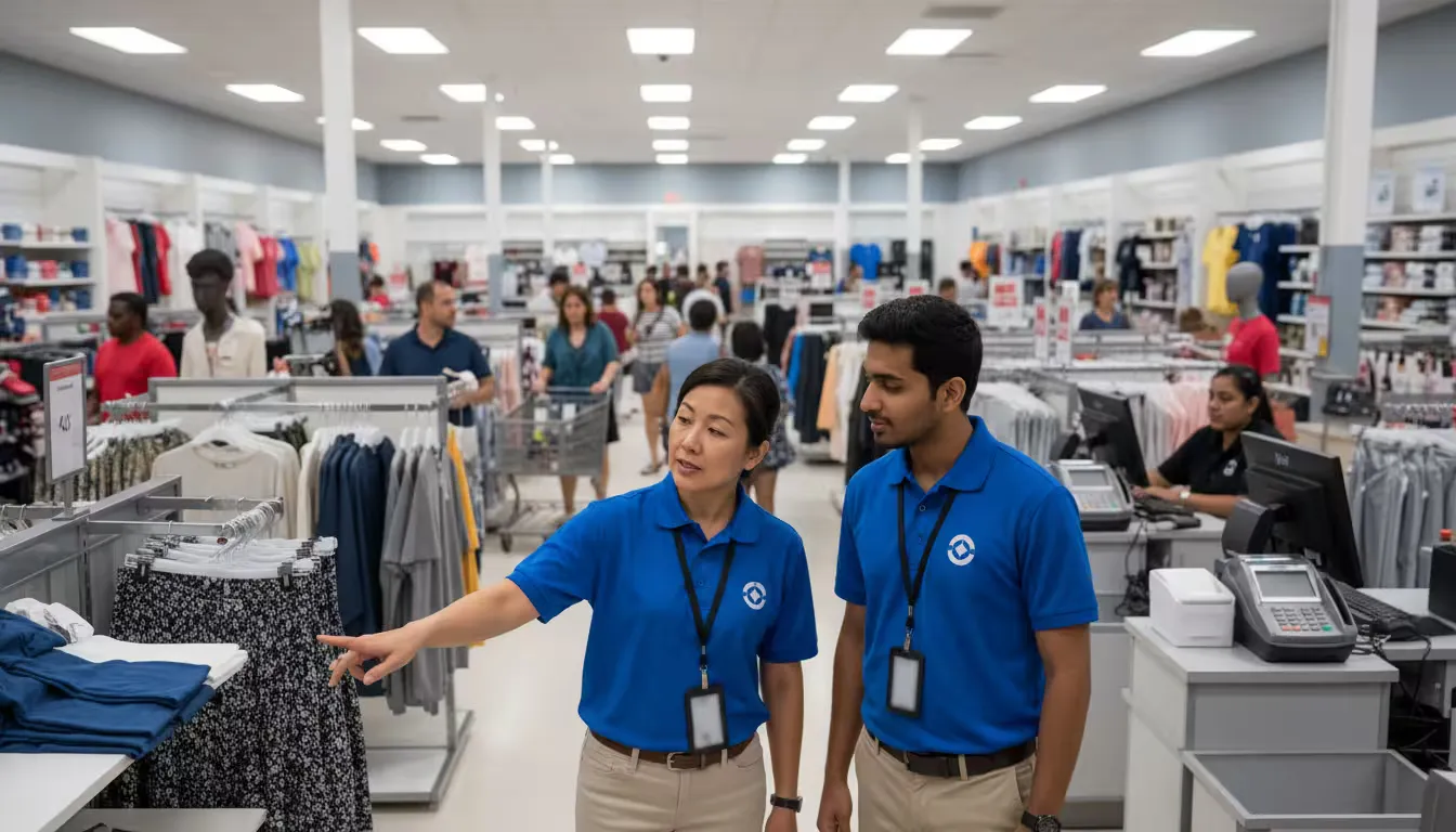 Wide shot of a new retail employee's first day on the sales floor during business hours, overhead fluorescent lighting creating even illumination acro