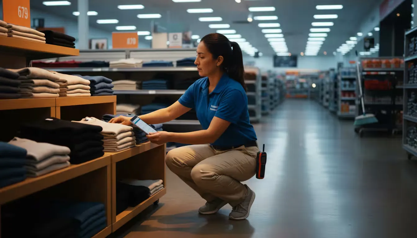 Eye-level shot of a retail floor worker during evening closing procedures, straightening merchandise displays and checking inventory on shelving units with empty shopping aisles stretching behind them.