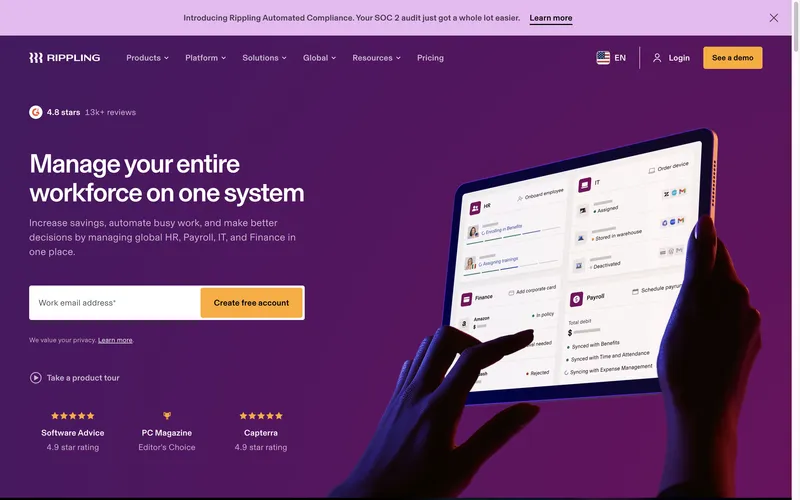 Rippling HR, payroll, and workforce platform homepage