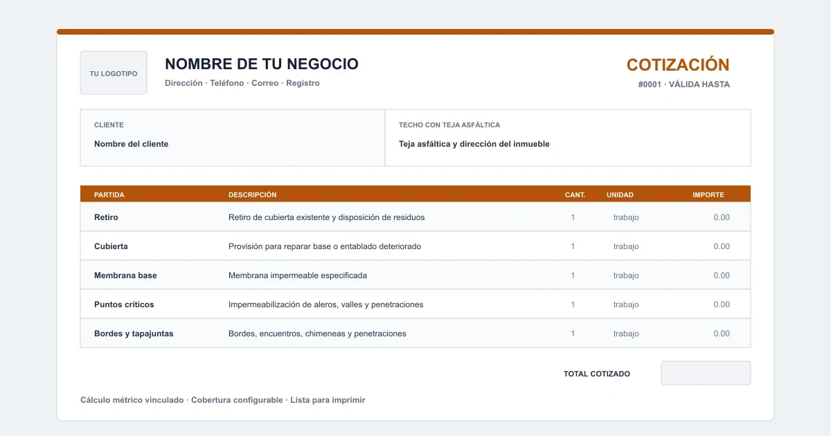 Plantilla de presupuesto de techo con cálculo métrico de teja asfáltica