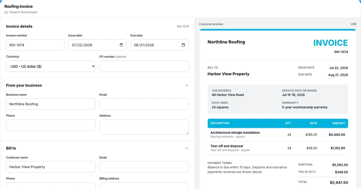 Roofing invoice template preview with line items and automatic totals