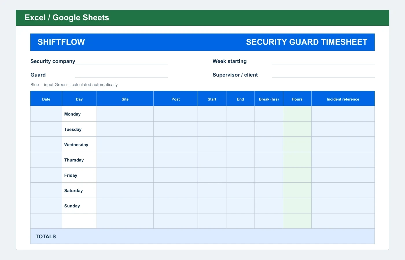 Security Guard Timesheet Excel template preview