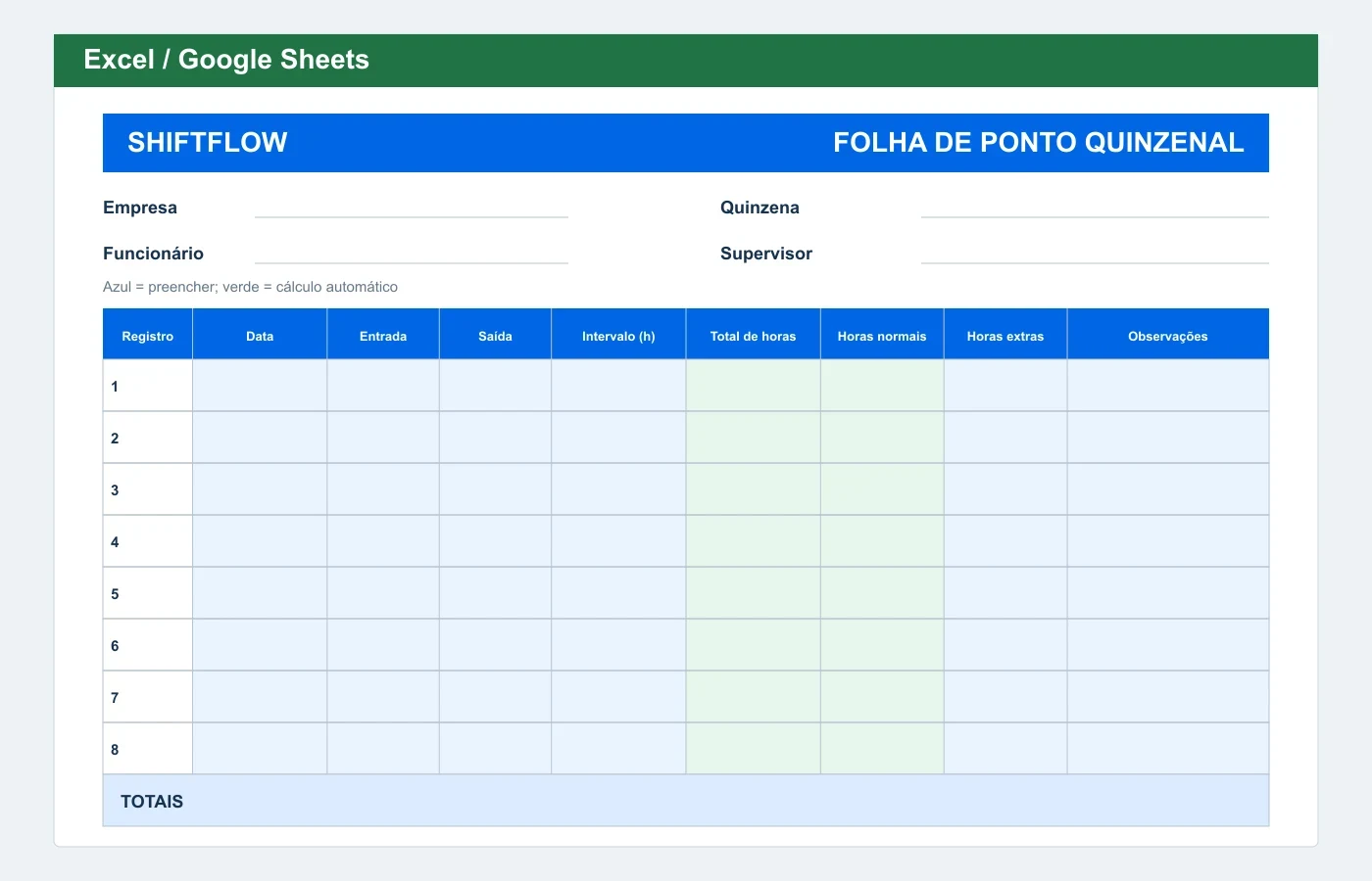 Prévia em Excel: Folha de ponto quinzenal