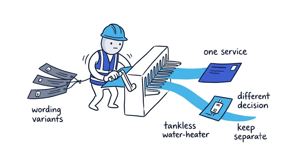 The Worker feeds several water-heater wording variants through a hand-cranked comb that produces one clear service card while a distinct tankless service stays separate.