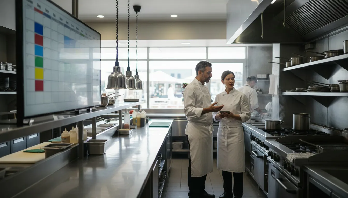 Kitchen staff conducting shift handoff briefing at restaurant expo station