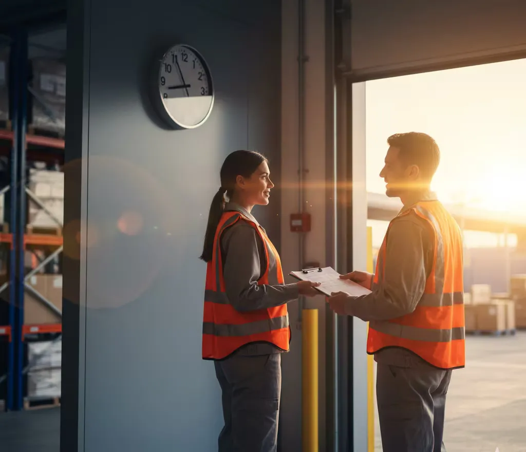 Shift supervisors exchanging a clipboard near a wall clock showing the top of the hour