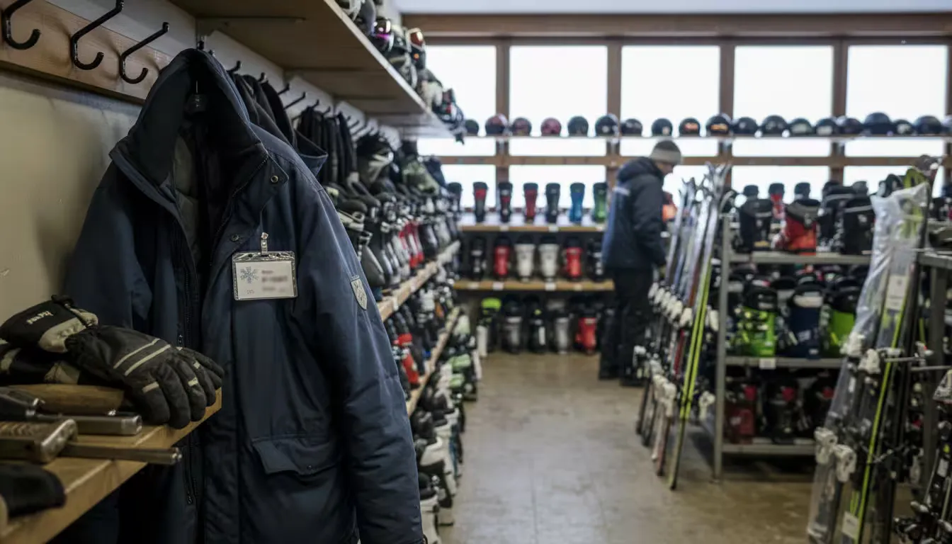 Close-up environmental shot of a ski resort equipment room during winter season, photographed with natural window light filtering through frosted glas
