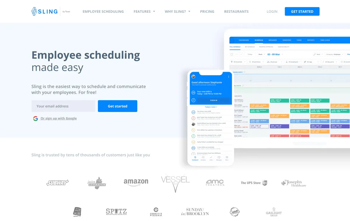 Sling employee scheduling software homepage with weekly schedule views