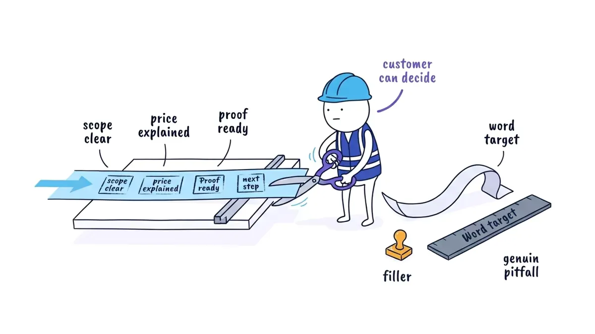 The Worker cuts a long service-page paper strip at the customer-can-decide marker while an unused word-count ruler and blank filler trail beyond the cut.