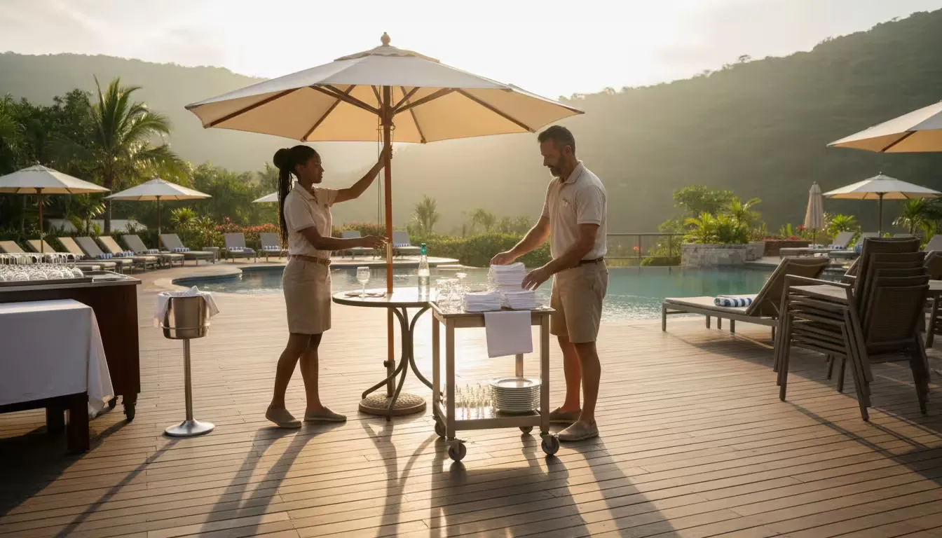 Eye-level medium shot of hospitality workers preparing an outdoor resort dining area during early morning golden hour light.