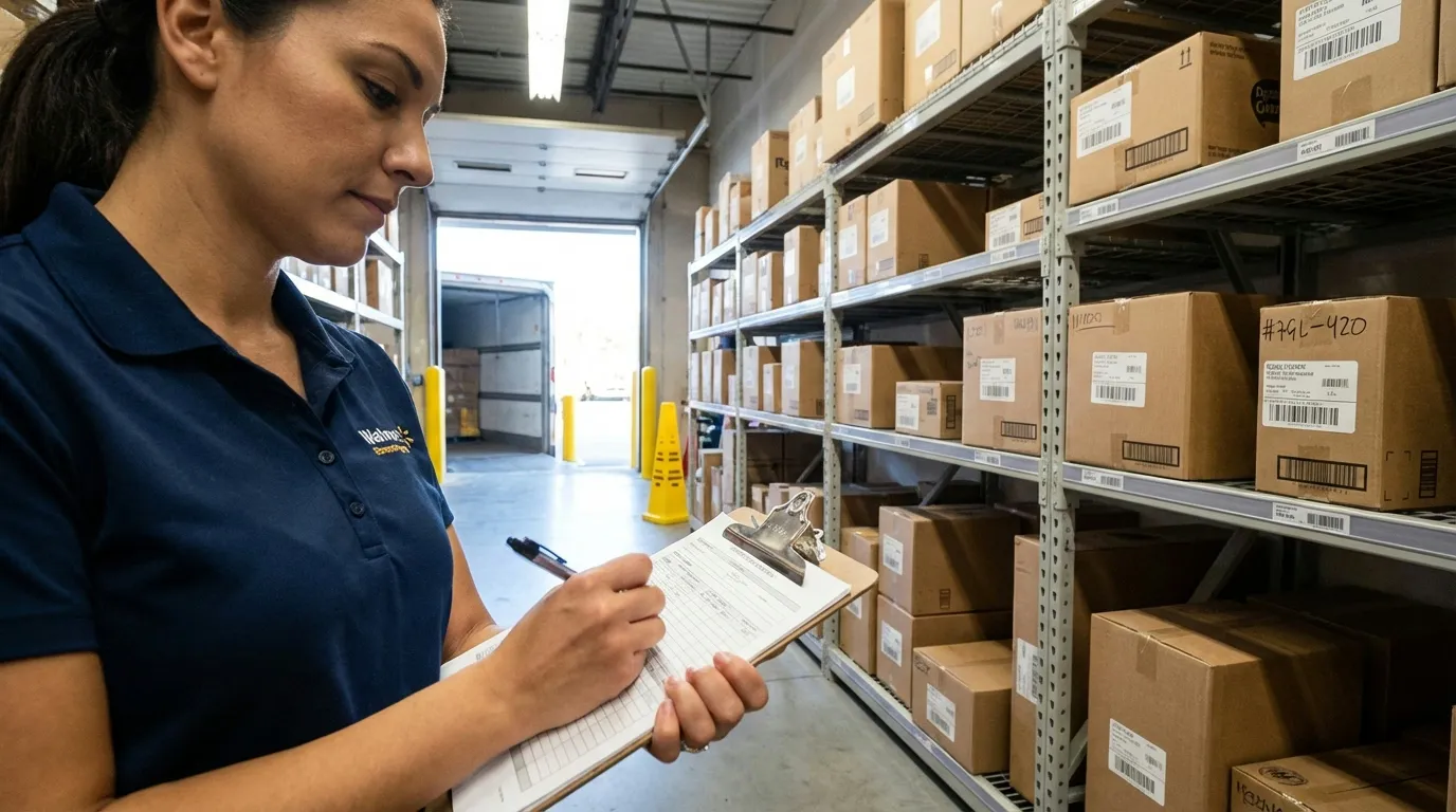 Retail supervisor documenting incident report on clipboard in stockroom
