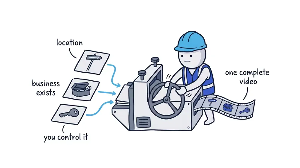 The Worker feeds a street sign, toolbox, and business key into an evidence press that produces one complete verification video.