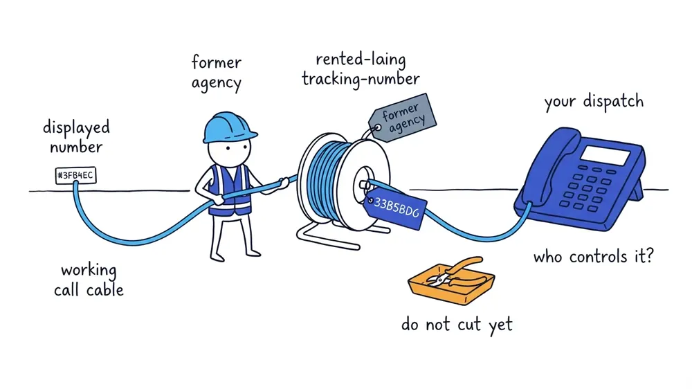 The Worker keeps a working call cable connected to dispatch while tracing its tracking-number spool back to a former agency and attaching a control tag.