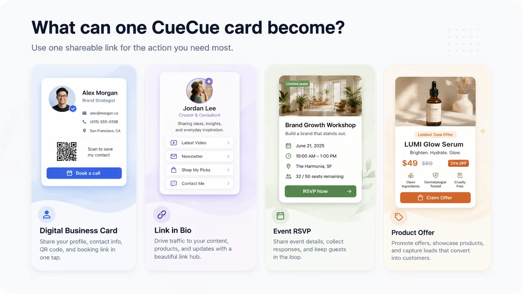 Interactive web card examples for business cards, bio links, event RSVPs, and product offers