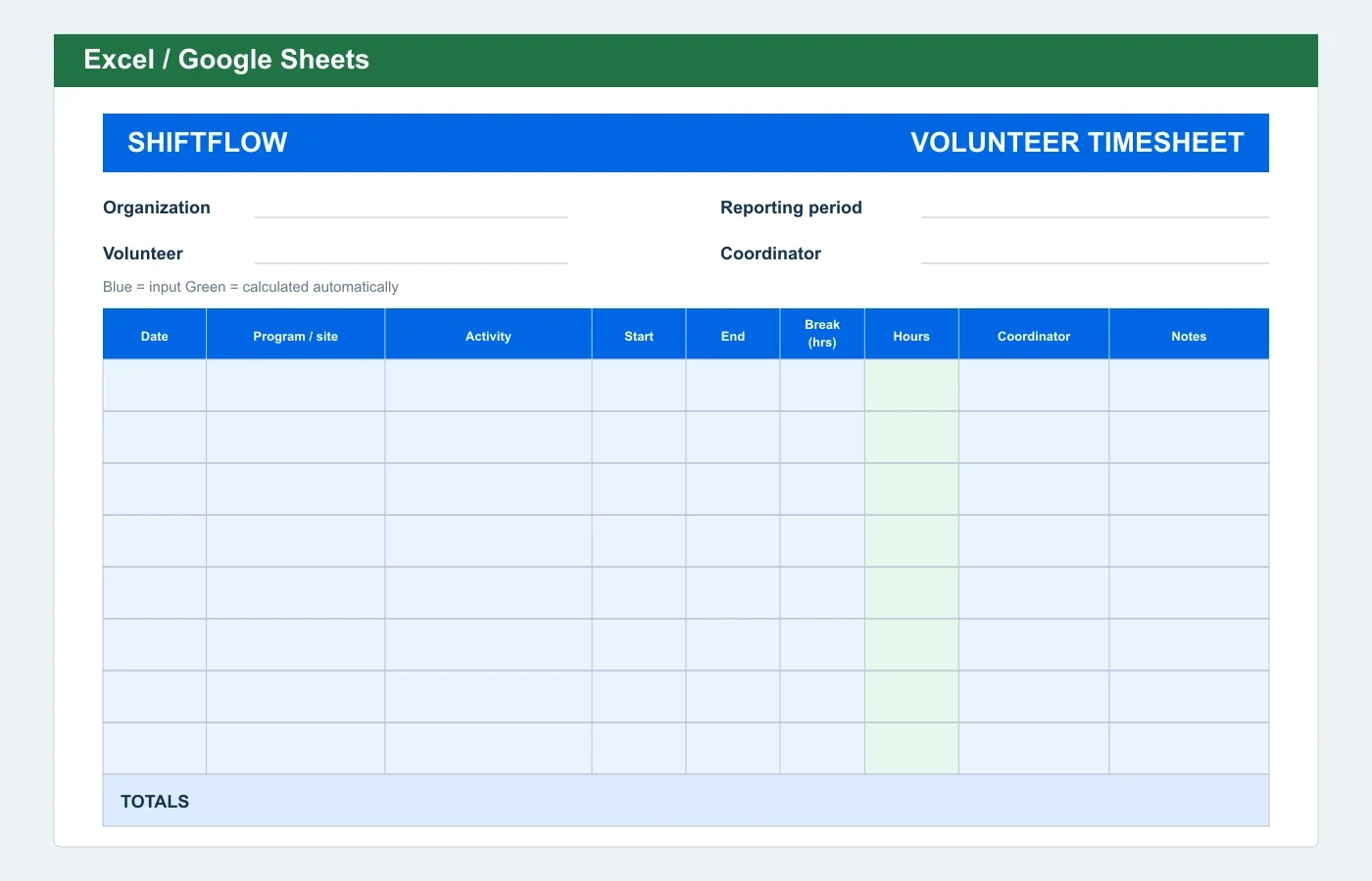 Volunteer & Community Service Timesheet Excel template preview