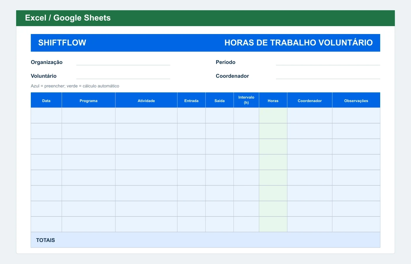 Prévia em Excel: Planilha de horas de trabalho voluntário