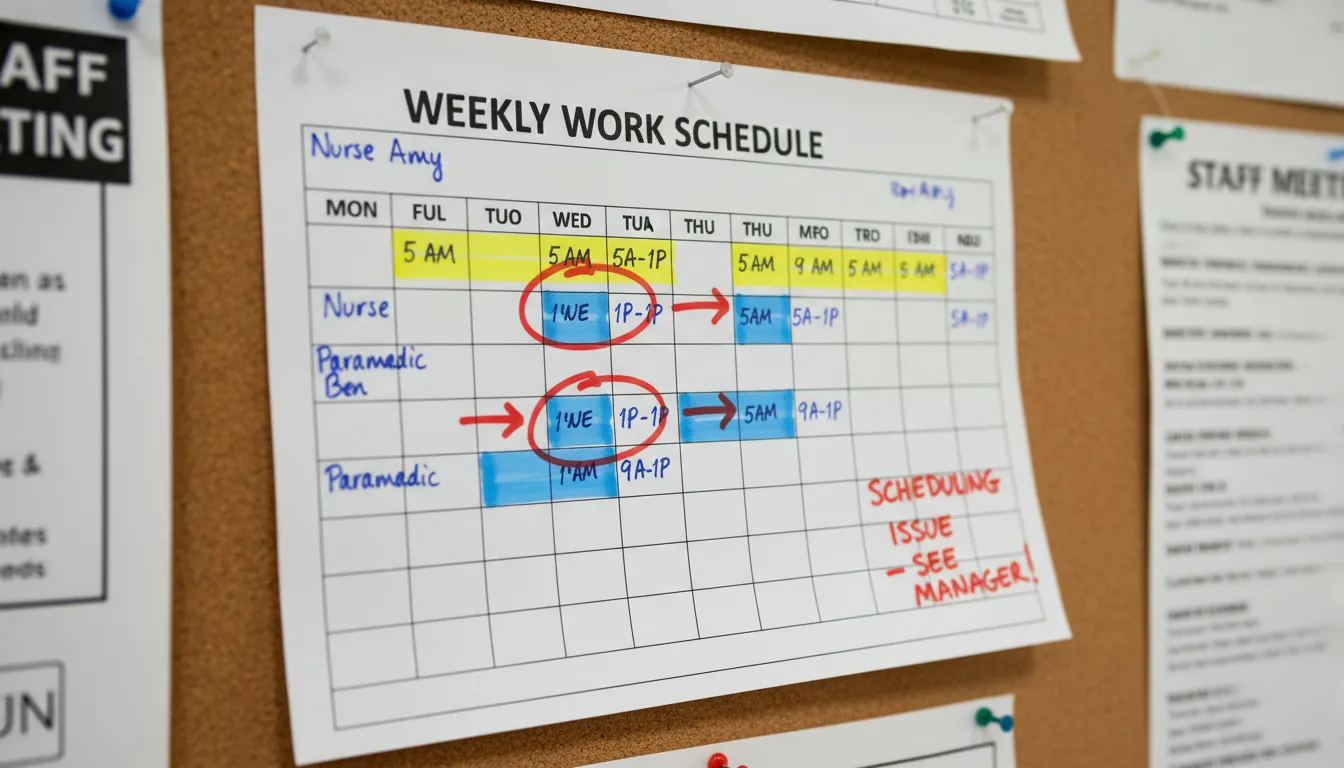 Employee schedule showing closing and opening shift conflicts