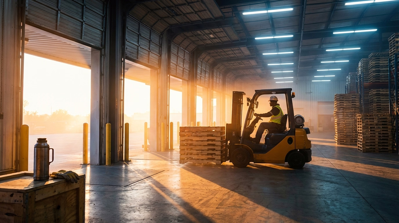Warehouse loading dock at dawn with forklift operator starting early shift