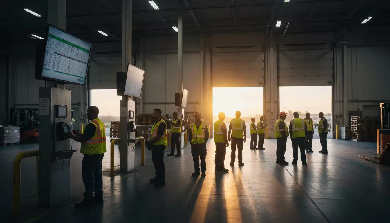 Photorealistic wide shot of a distribution center loading dock at dawn as day shift workers arrive.
