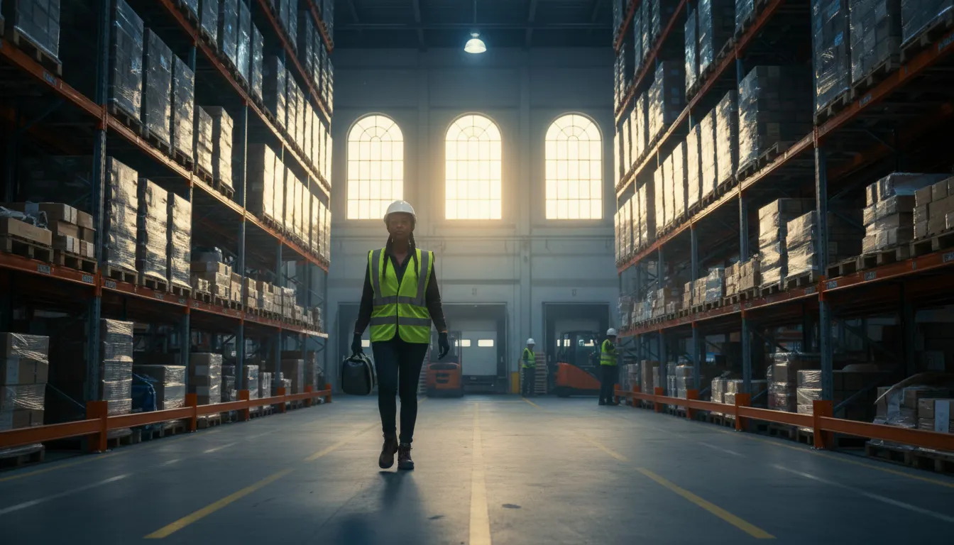 Warehouse worker arriving for early morning staggered shift