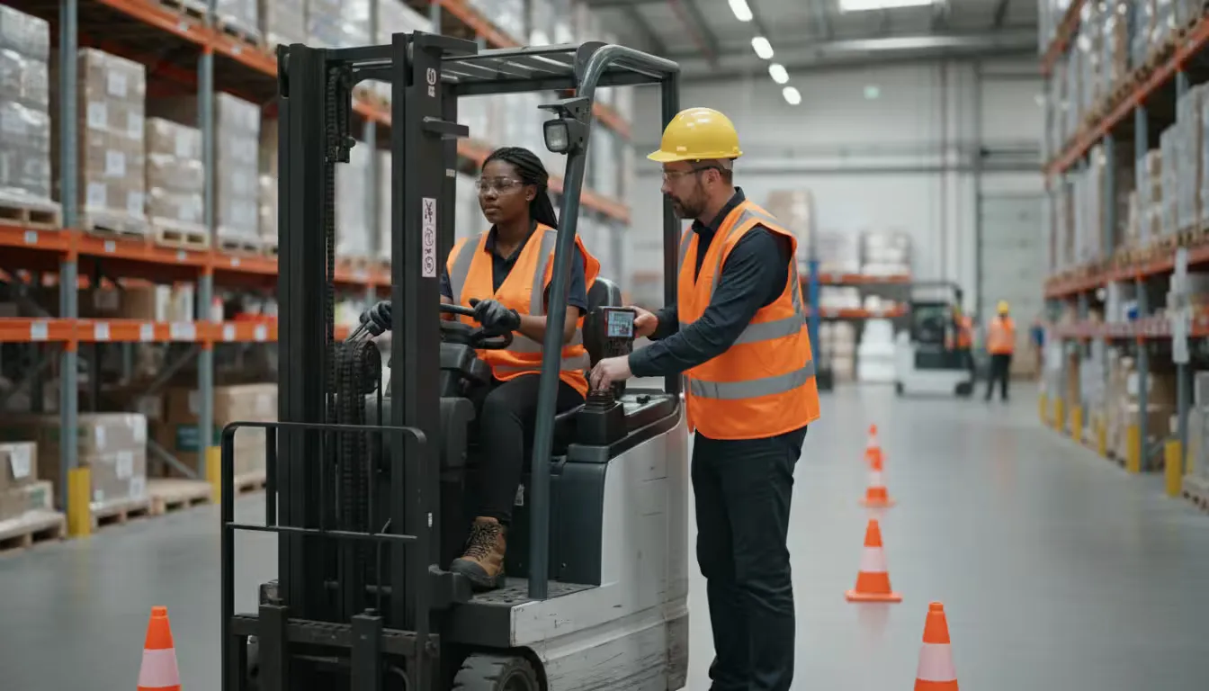 Warehouse apprentice receiving forklift instruction from experienced operator.