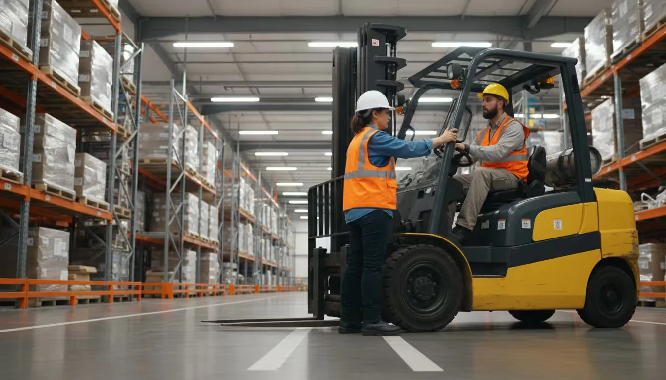 Wide shot capturing a forklift operator training session on a warehouse floor during a quieter shift period.